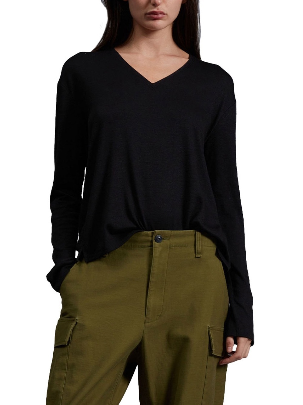 Rag & Bone Black Relaxed V-Neck Long Sleeve Top - Medium